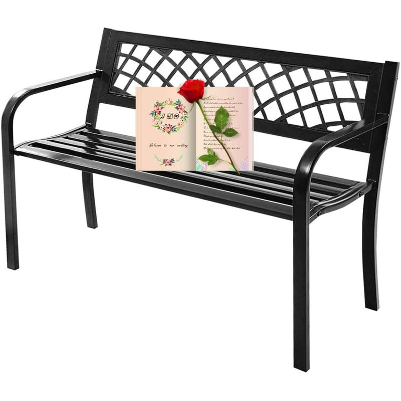 Black Metal Outdoor Patio Garden Bench with Armrest