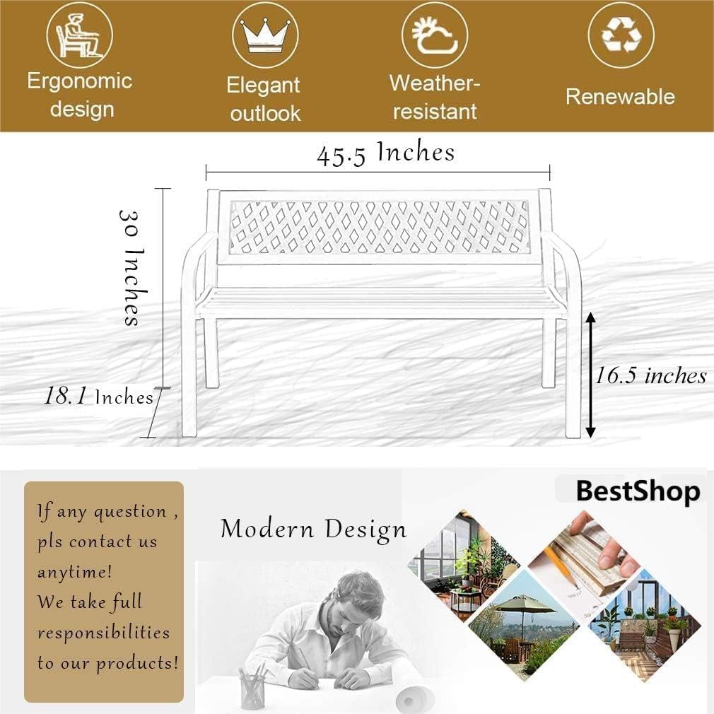 Black Metal Outdoor Patio Garden Bench with Armrest