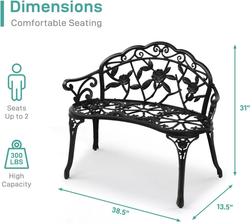 38.5" Black Rose Metal Outdoor Garden Bench