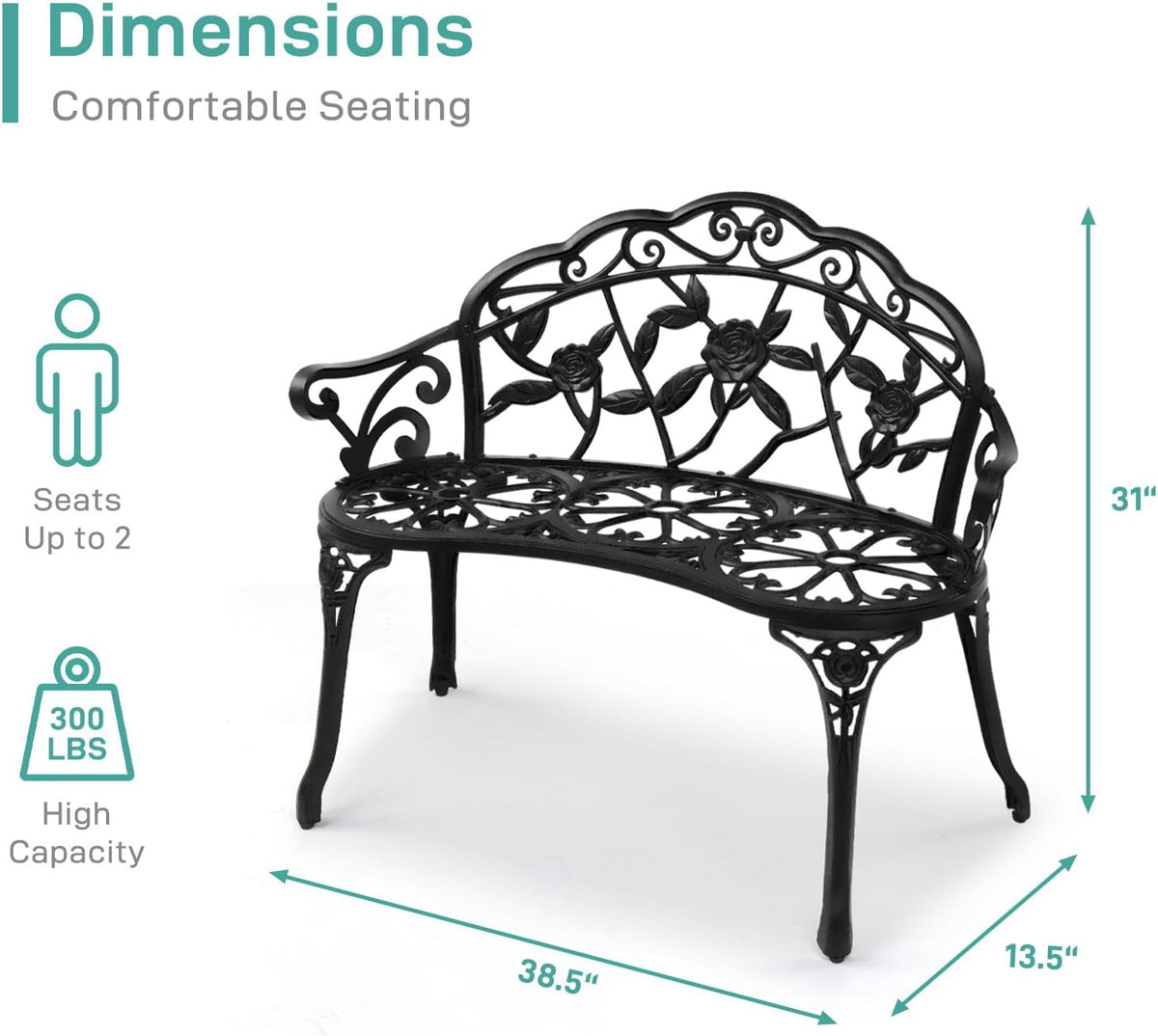 38.5" Black Rose Metal Outdoor Garden Bench