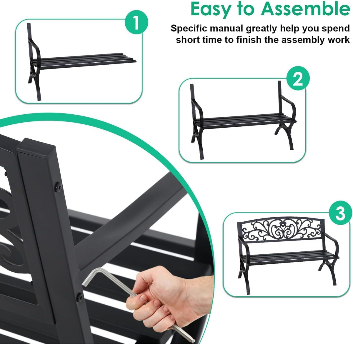 50" Black Floral Backrest Metal Outdoor Garden Bench
