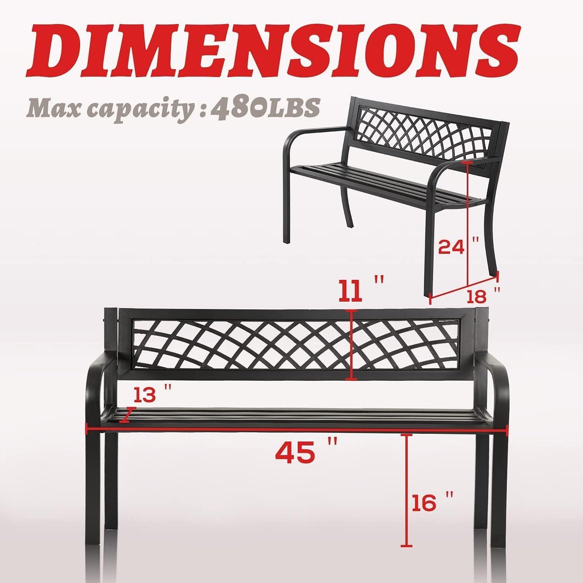 Black Metal Outdoor Garden Bench with Backrest & Armrests
