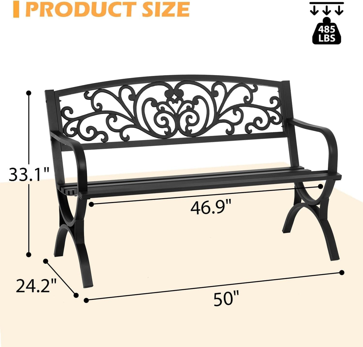 50" Black Floral Backrest Metal Outdoor Garden Bench