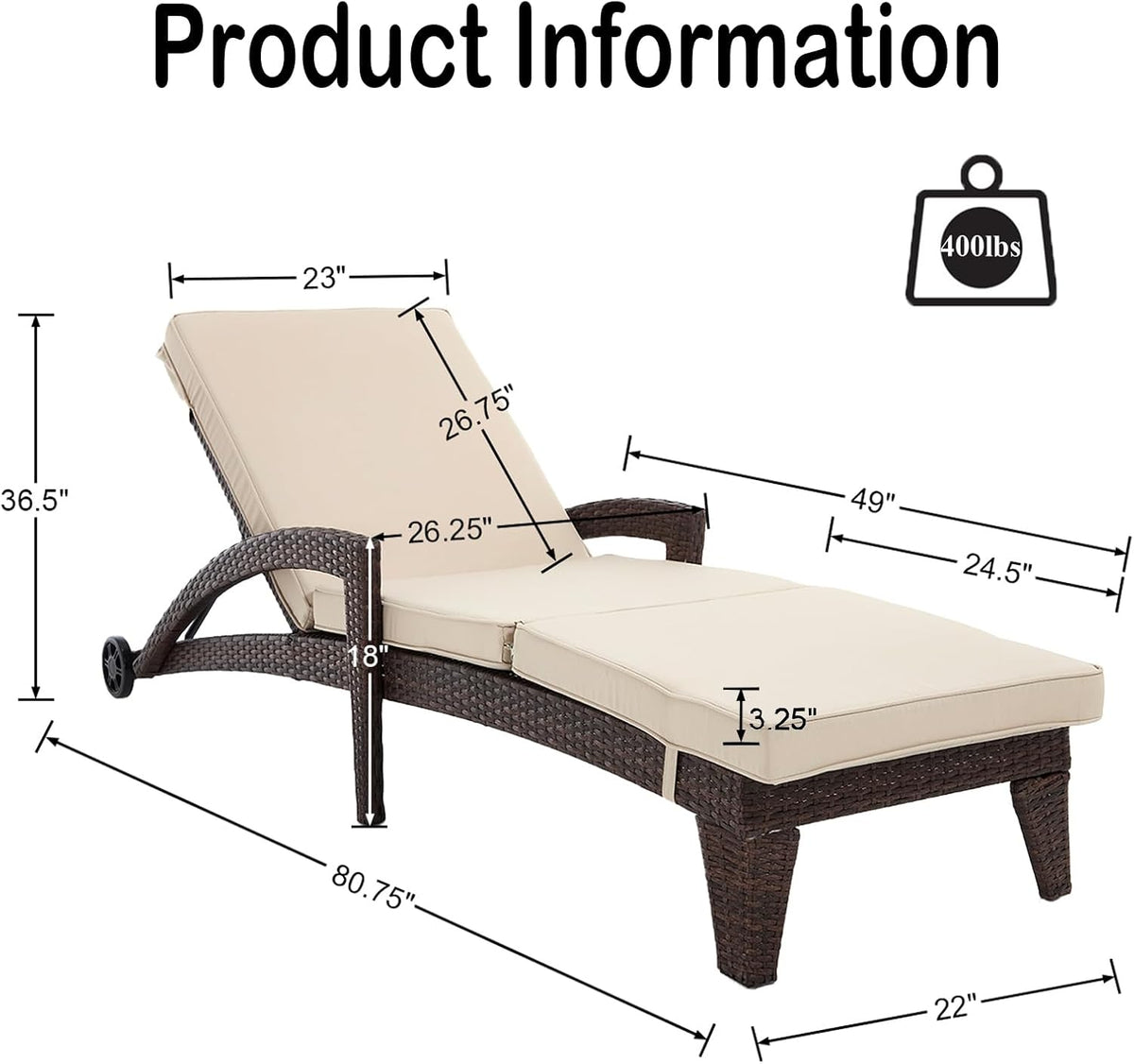 Set of 2 Khaki Wicker Patio Chaise Lounges