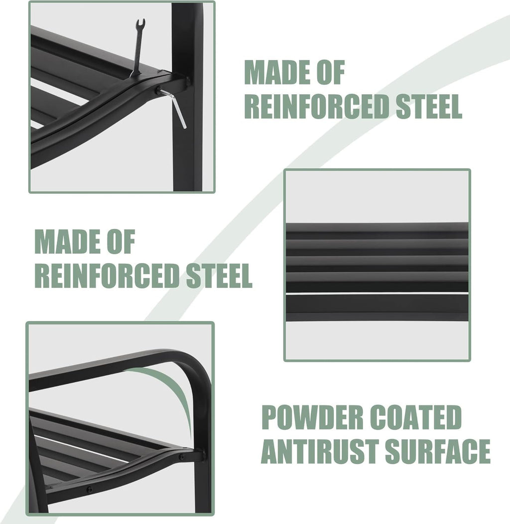 Black Metal Outdoor Garden Bench with Backrest & Armrests