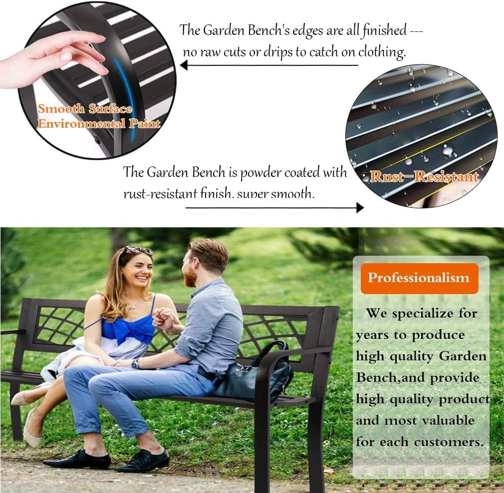 Black Metal Outdoor Patio Garden Bench with Armrest