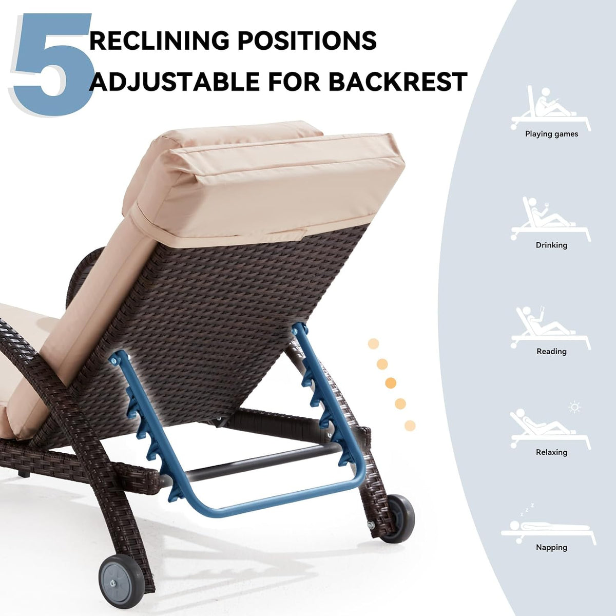 Set of 2 Khaki Wicker Patio Chaise Lounges