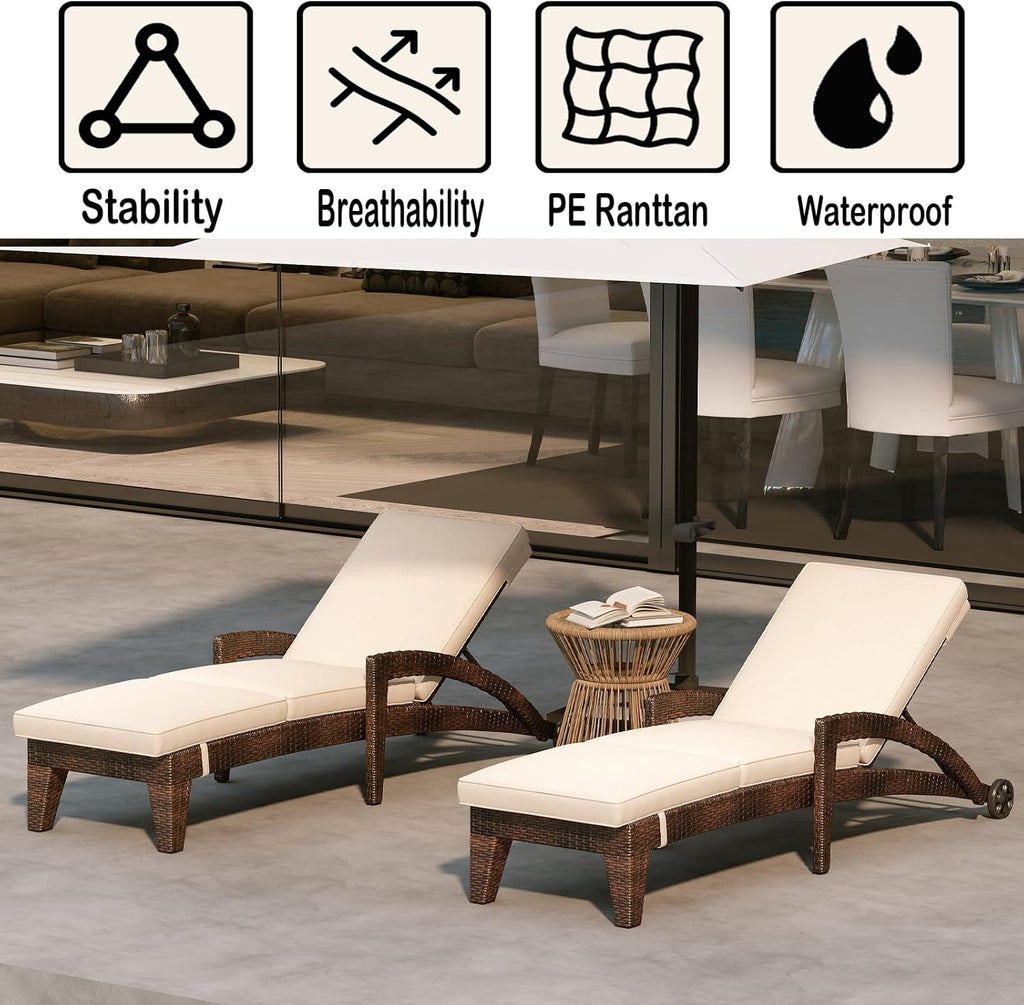 Set of 2 Khaki Wicker Patio Chaise Lounges