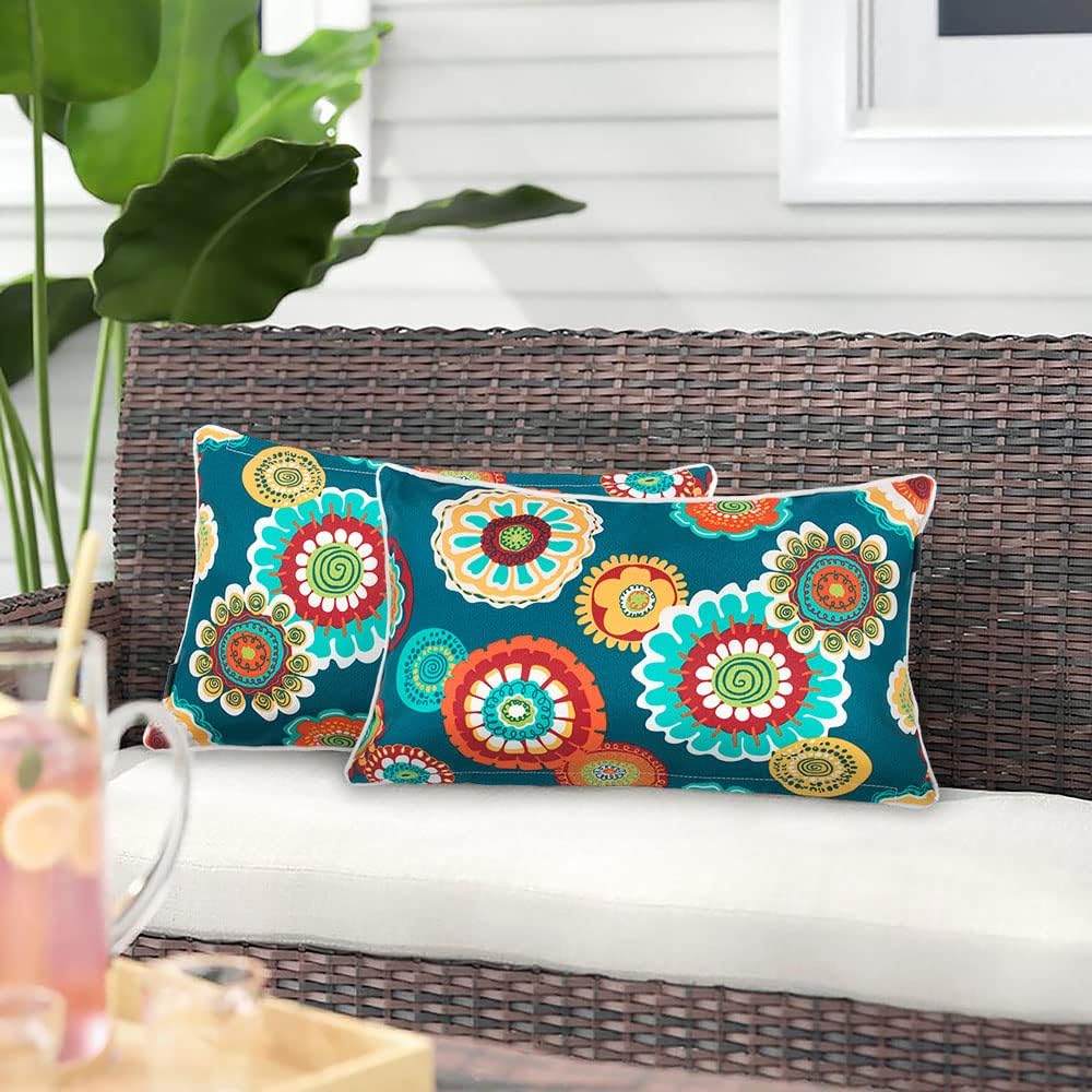 Pack of 2 Floral Green Outdoor Lumbar Throw Pillows 12×20"