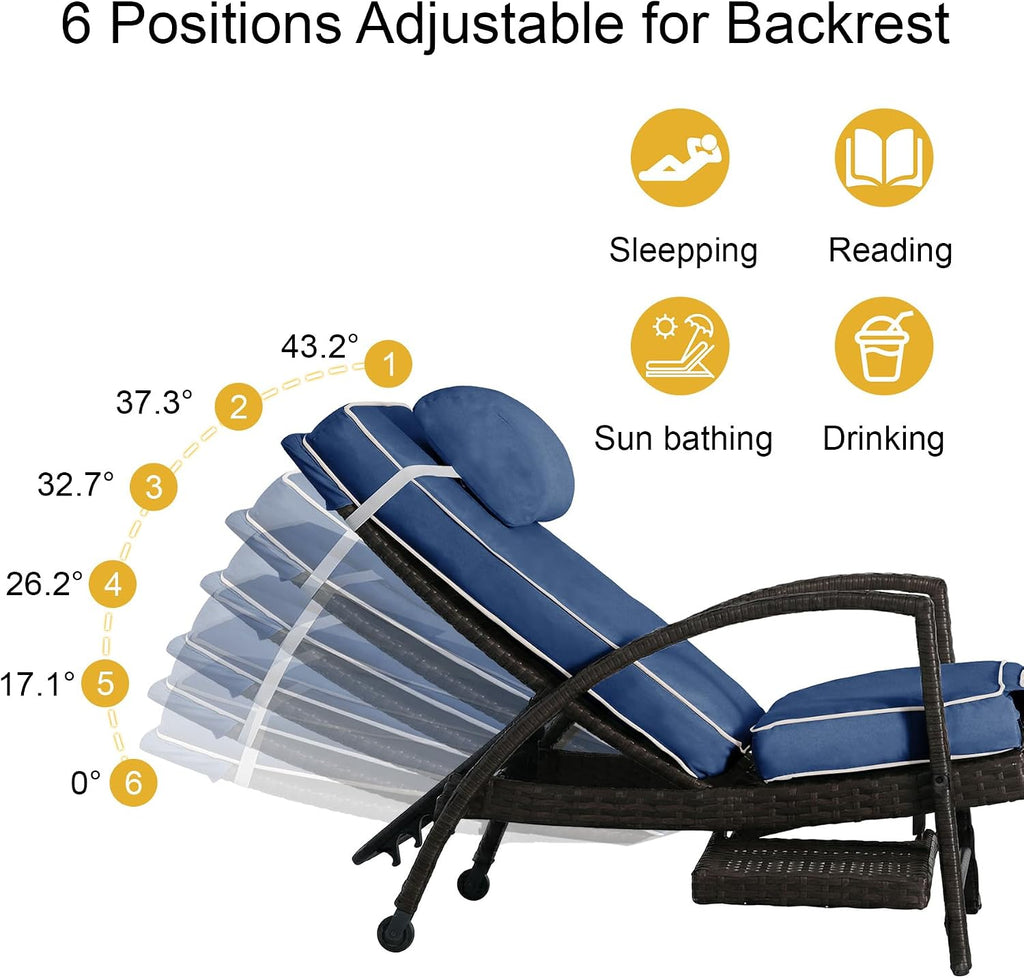 Set of 2 Blue Patio Chaise Lounges with Side Table