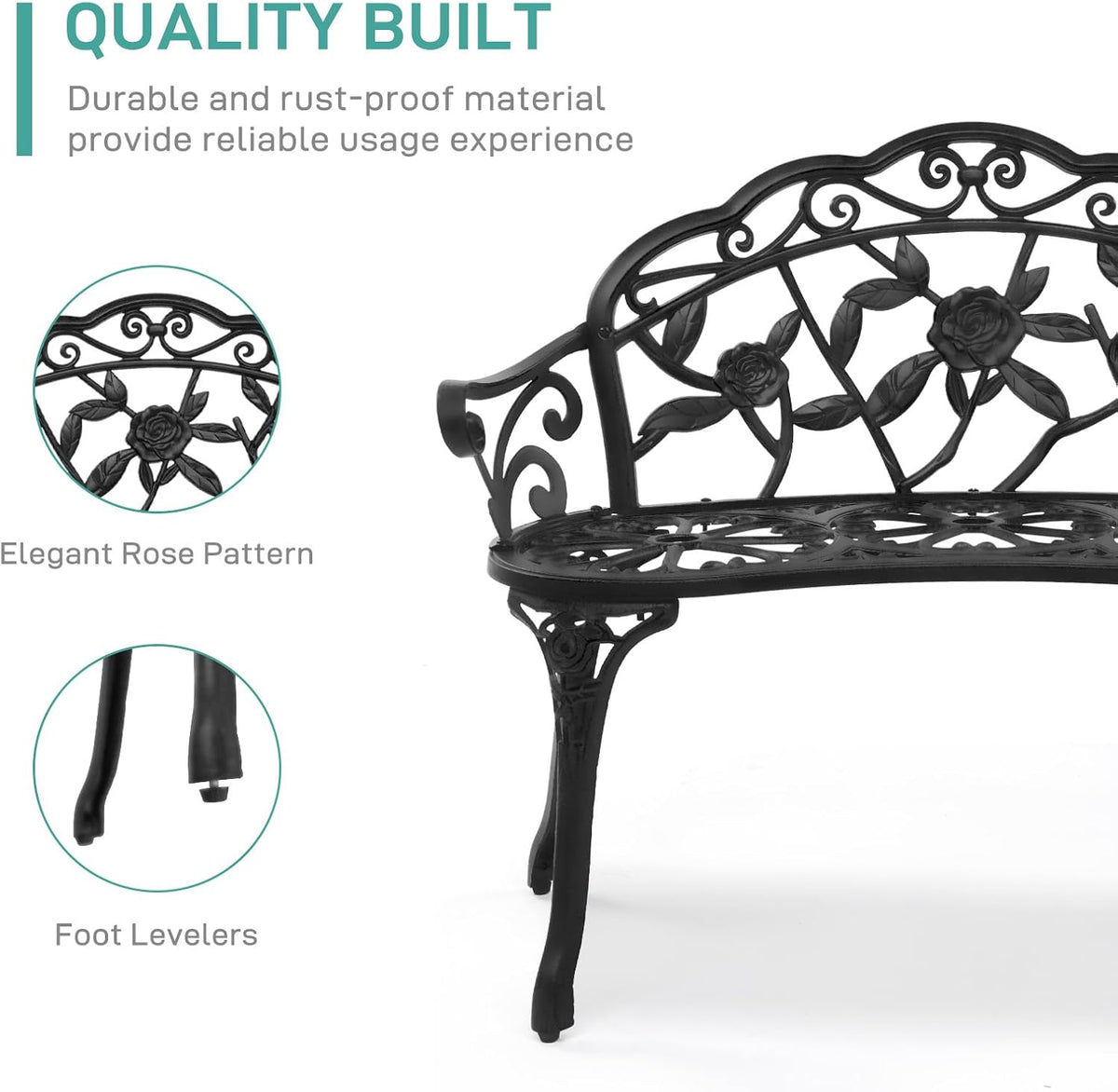 38.5" Black Rose Metal Outdoor Garden Bench