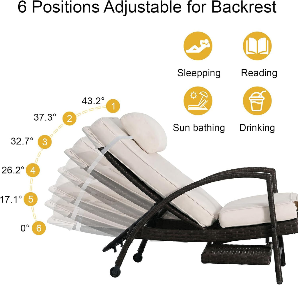 Set of 2 White Patio Chaise Lounges with Side Table