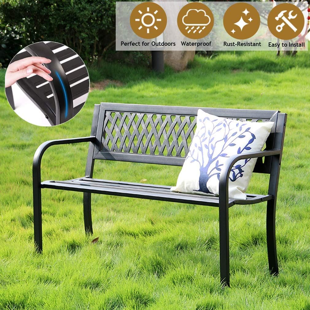Black Metal Outdoor Patio Garden Bench with Armrest