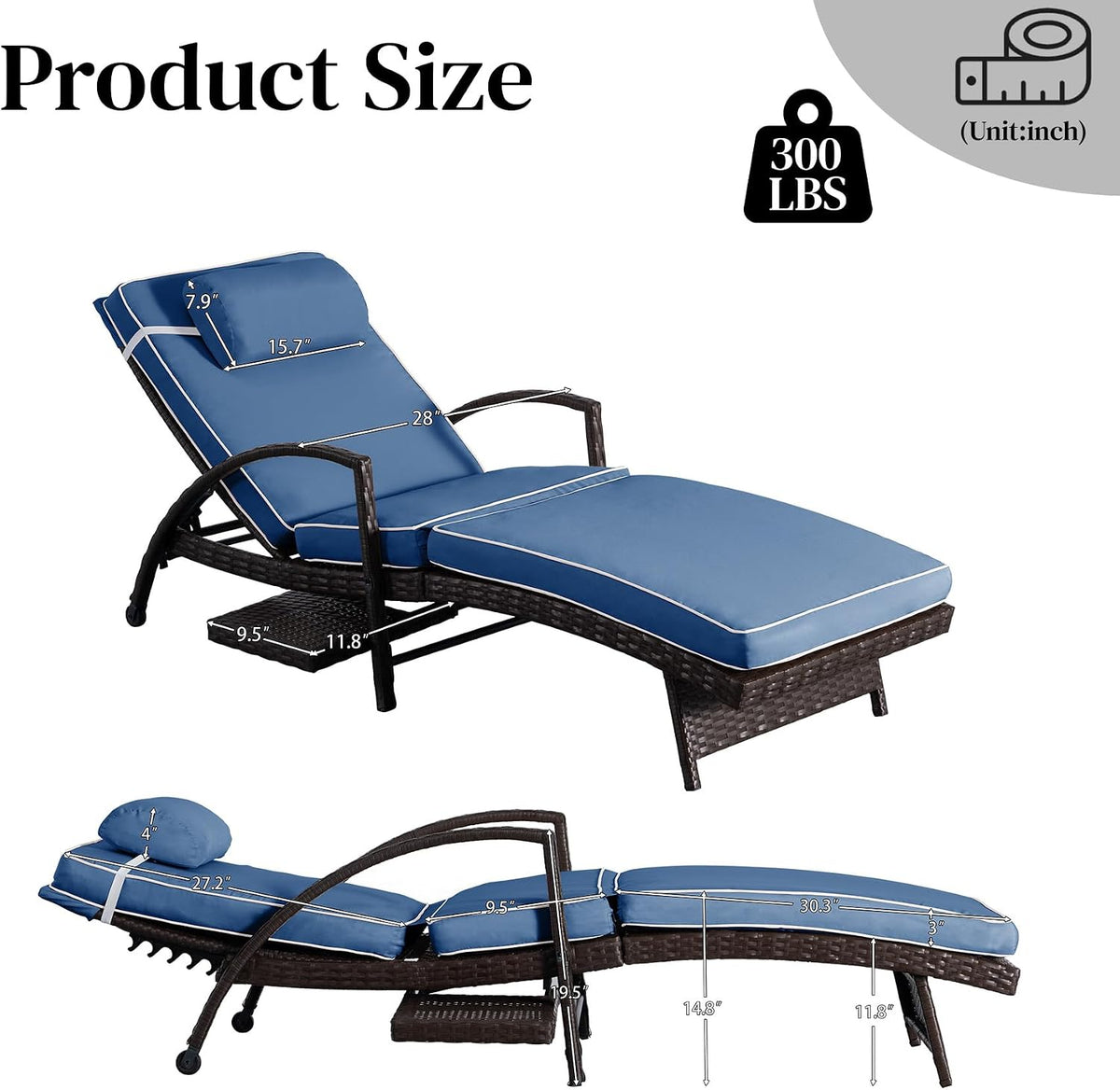 Set of 2 Blue Patio Chaise Lounges with Side Table
