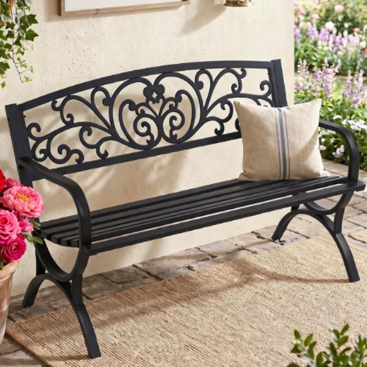 50" Black Floral Backrest Metal Outdoor Garden Bench