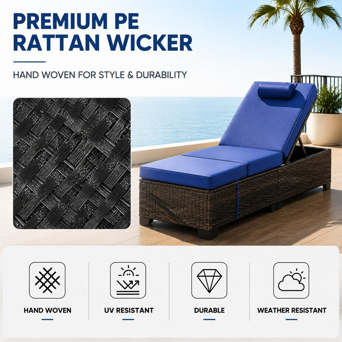 Set of 2 Rattan Patio Chaise Lounges