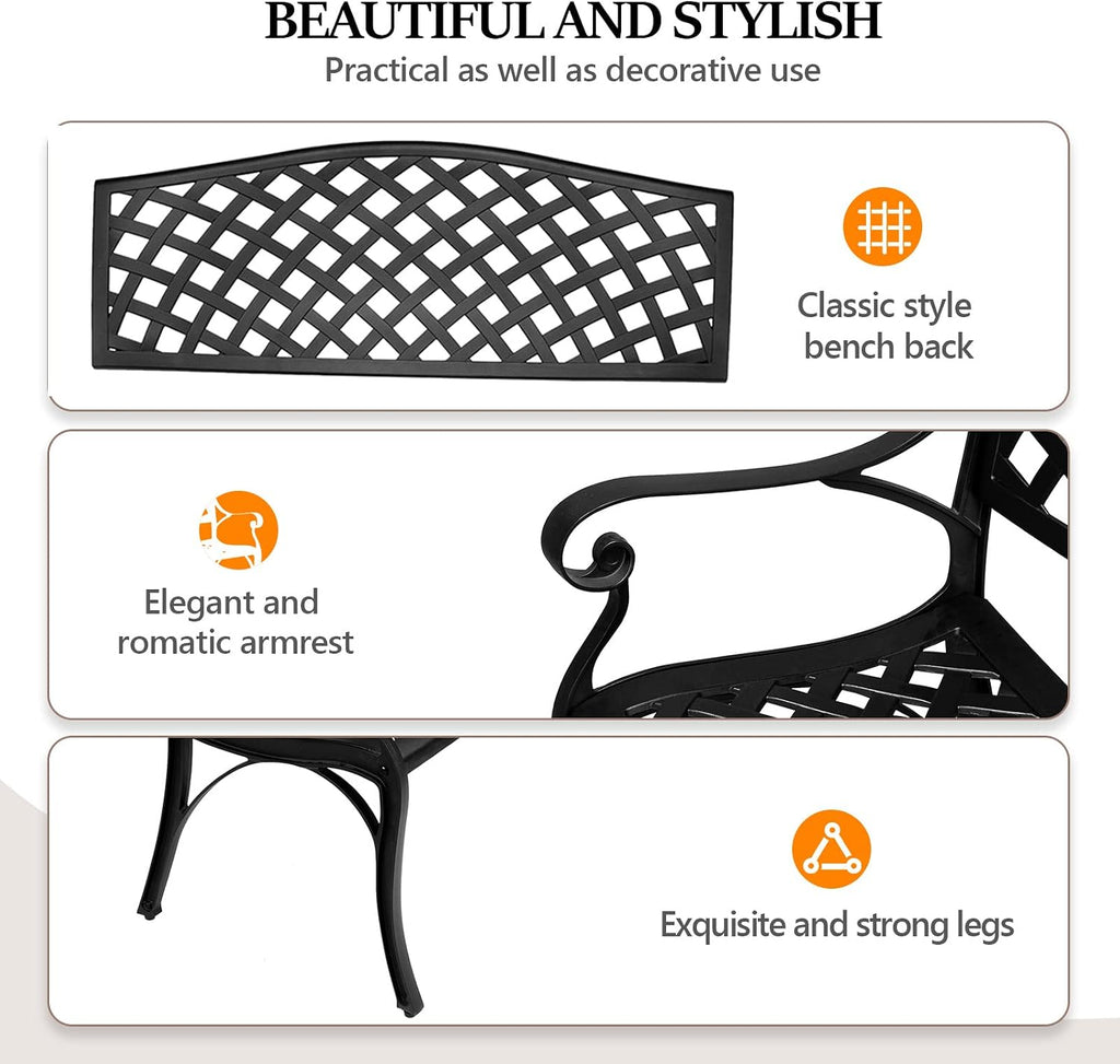 40.5" Black Cast‑Aluminum Outdoor Garden Bench