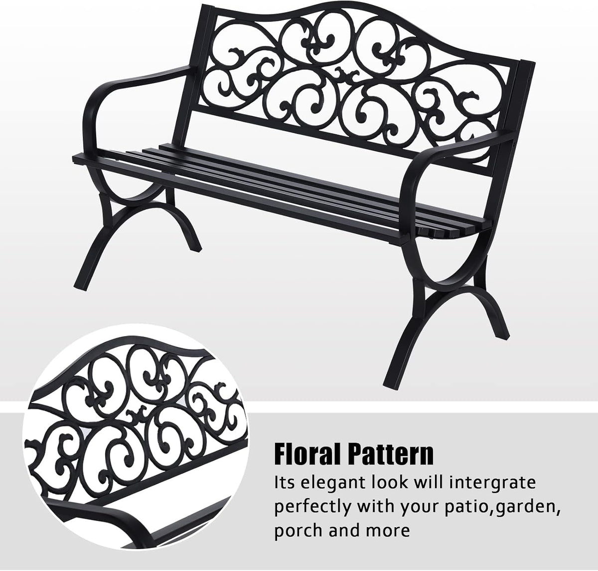 Set of 2 50" Black Metal Outdoor Benches