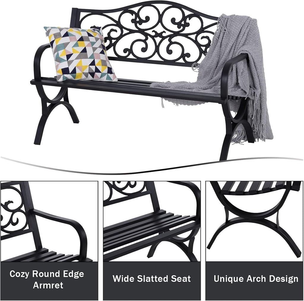 Set of 2 50" Black Metal Outdoor Benches