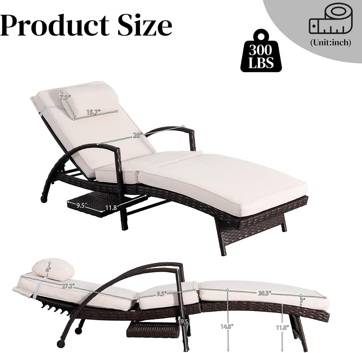 Set of 2 White Patio Chaise Lounges with Side Table