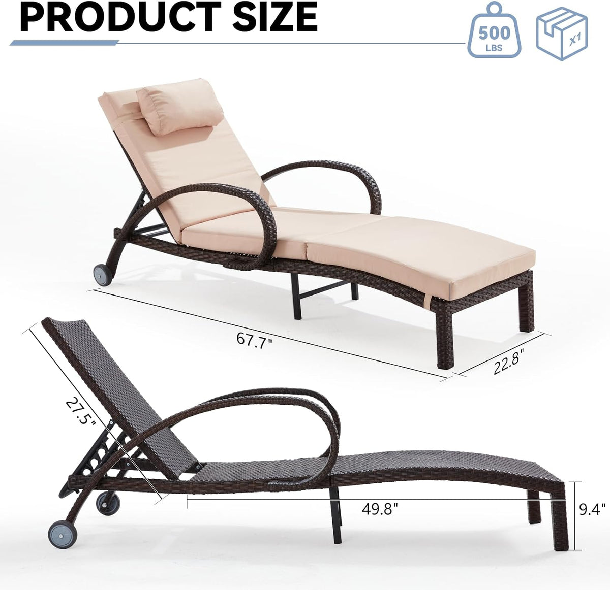 Set of 2 Khaki Wicker Patio Chaise Lounges
