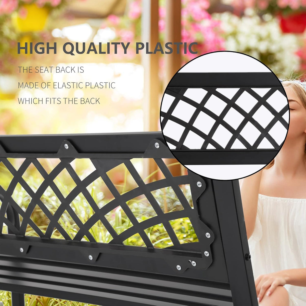 Black Metal Outdoor Garden Bench with Backrest & Armrests