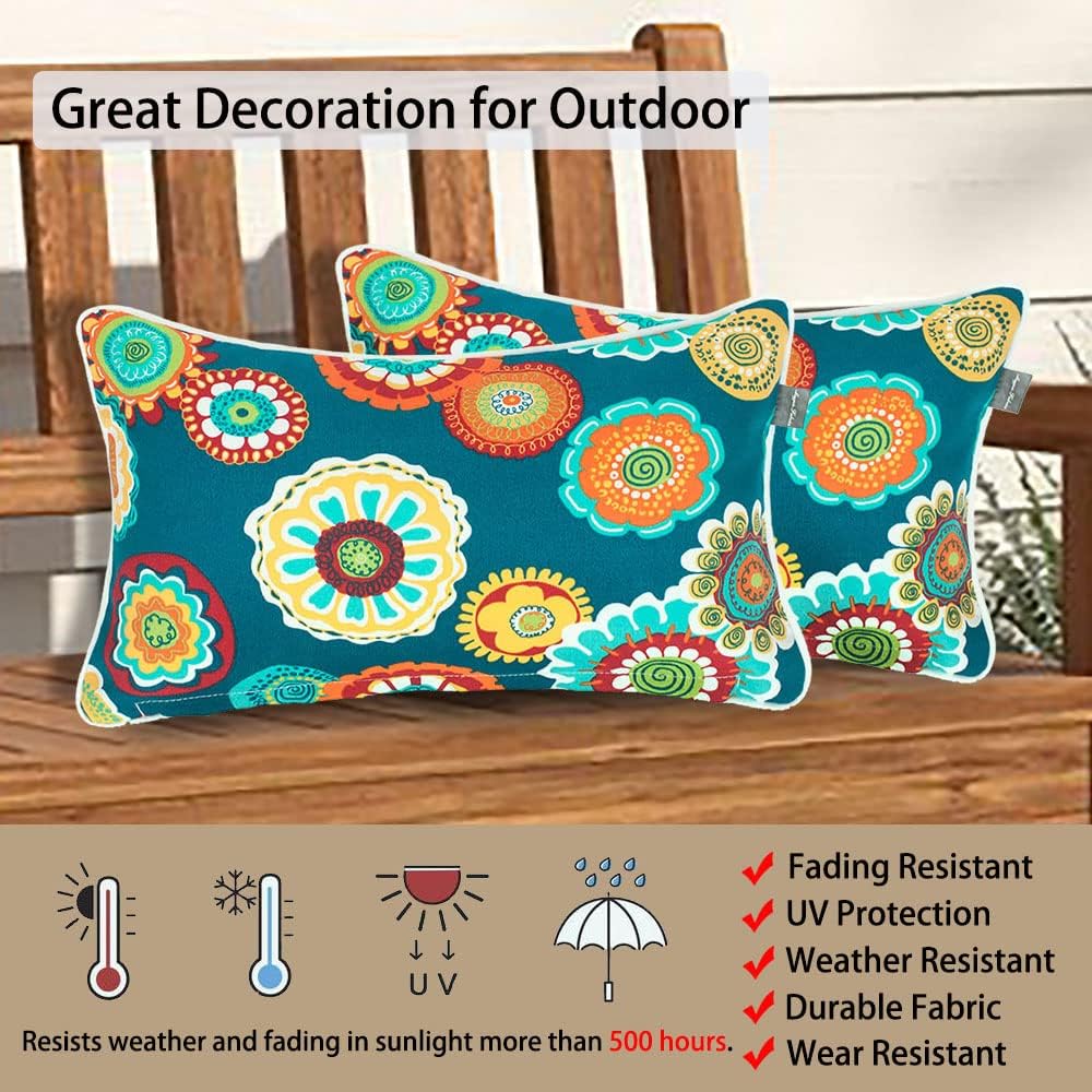 Pack of 2 Floral Green Outdoor Lumbar Throw Pillows 12×20"