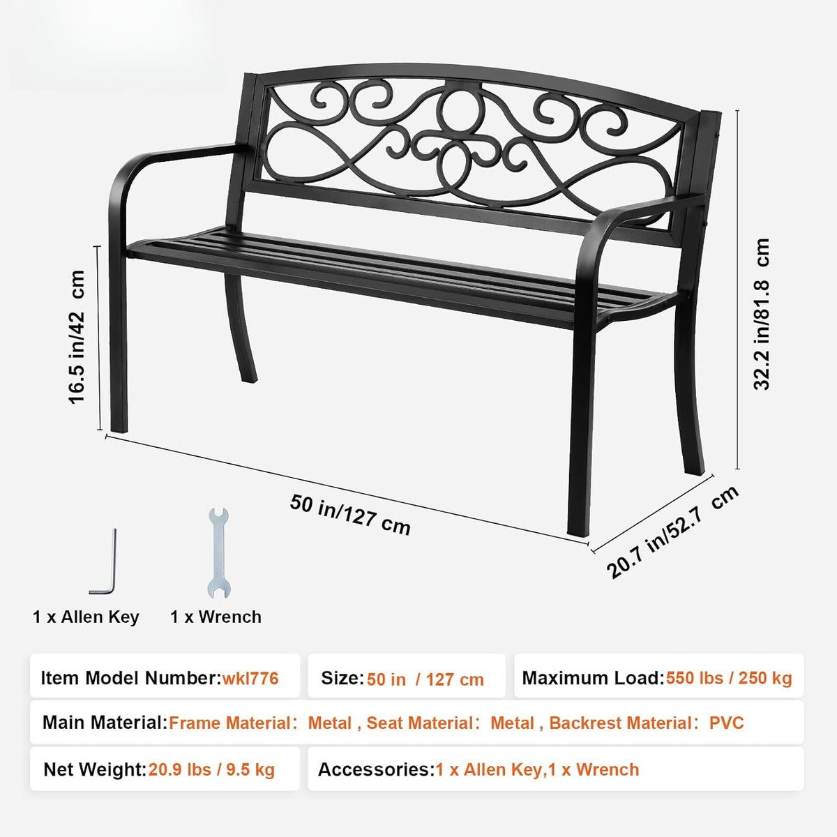 50" Metal Garden Bench 550 lbs
