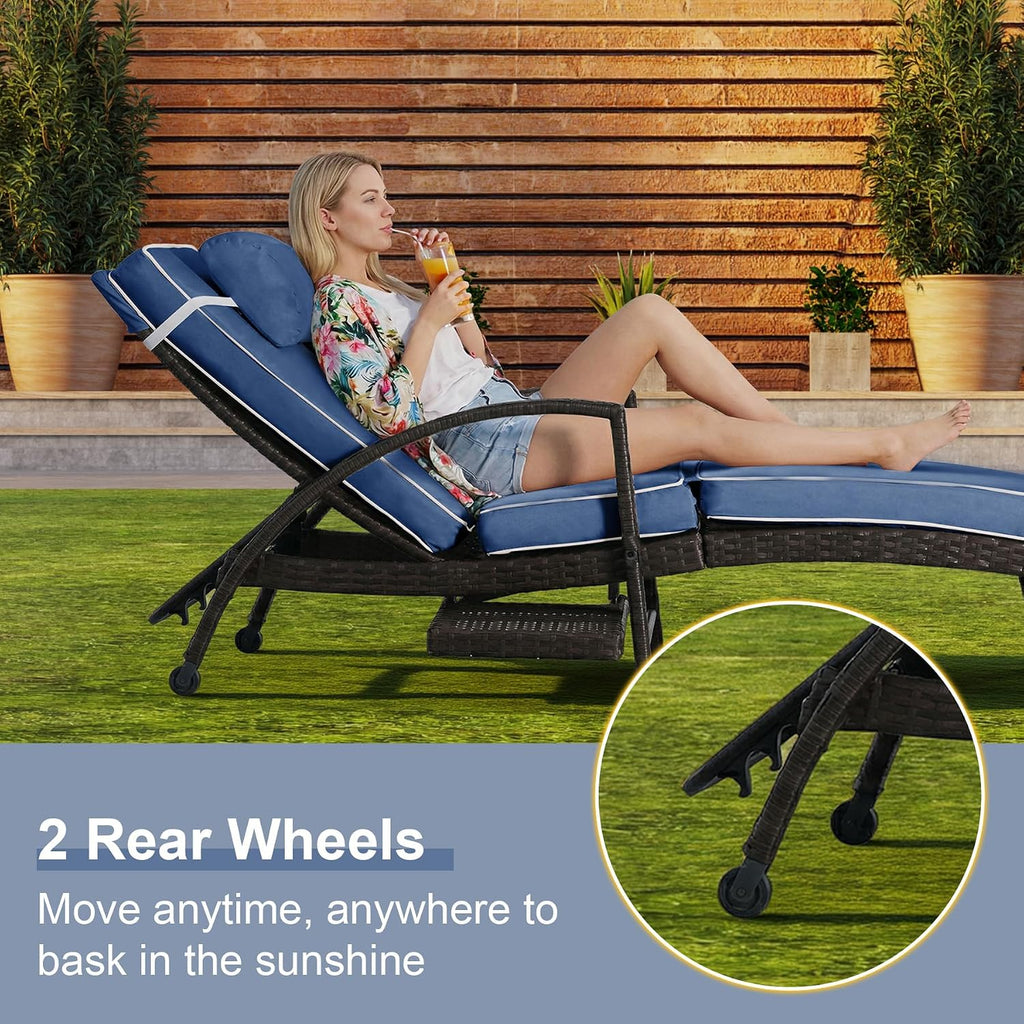 Set of 2 Blue Patio Chaise Lounges with Side Table