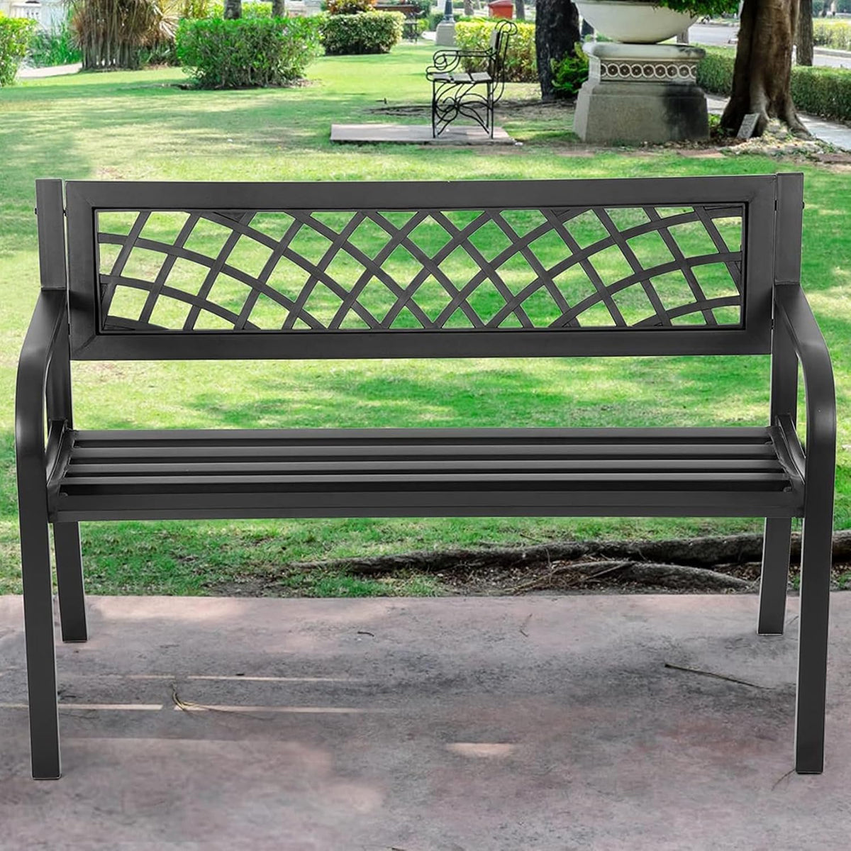 Black Metal Outdoor Garden Bench with Backrest & Armrests