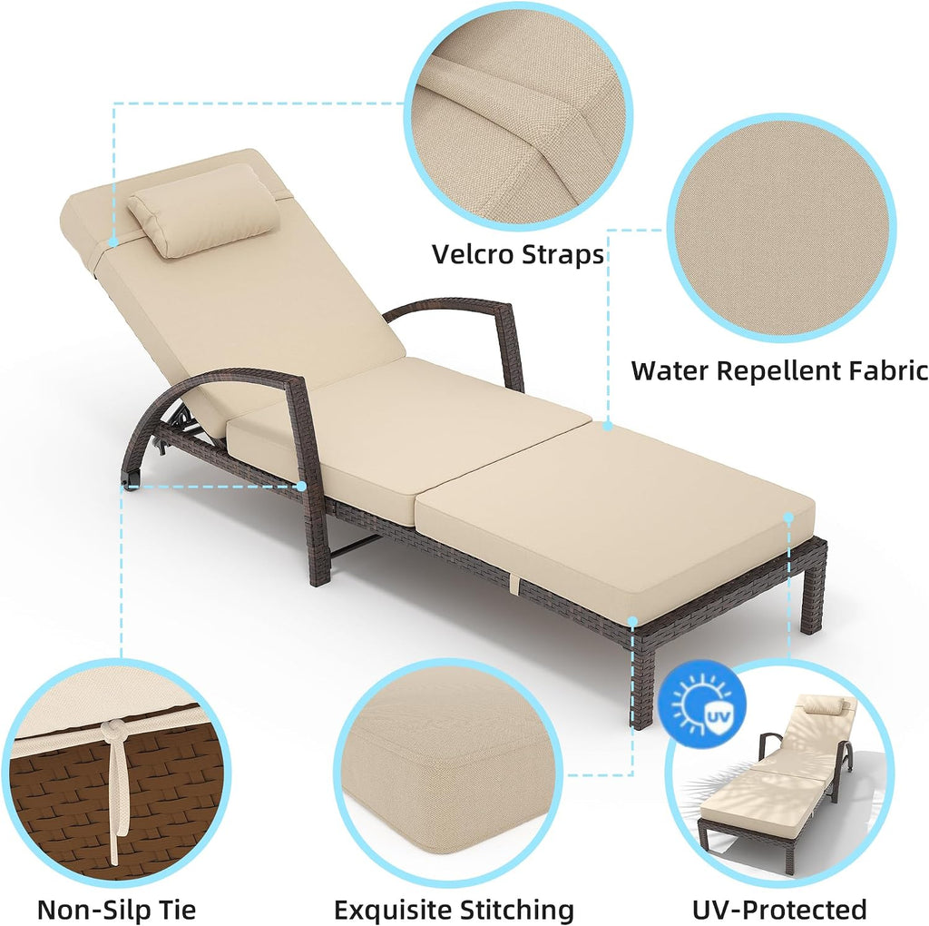 Set of 2 PE Rattan Patio Chaise Lounges with Cushions