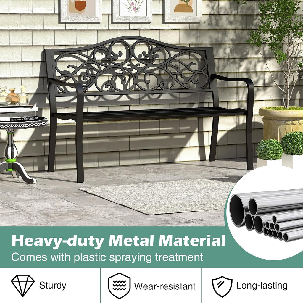 50" Black Floral Outdoor Garden Bench with Armrests