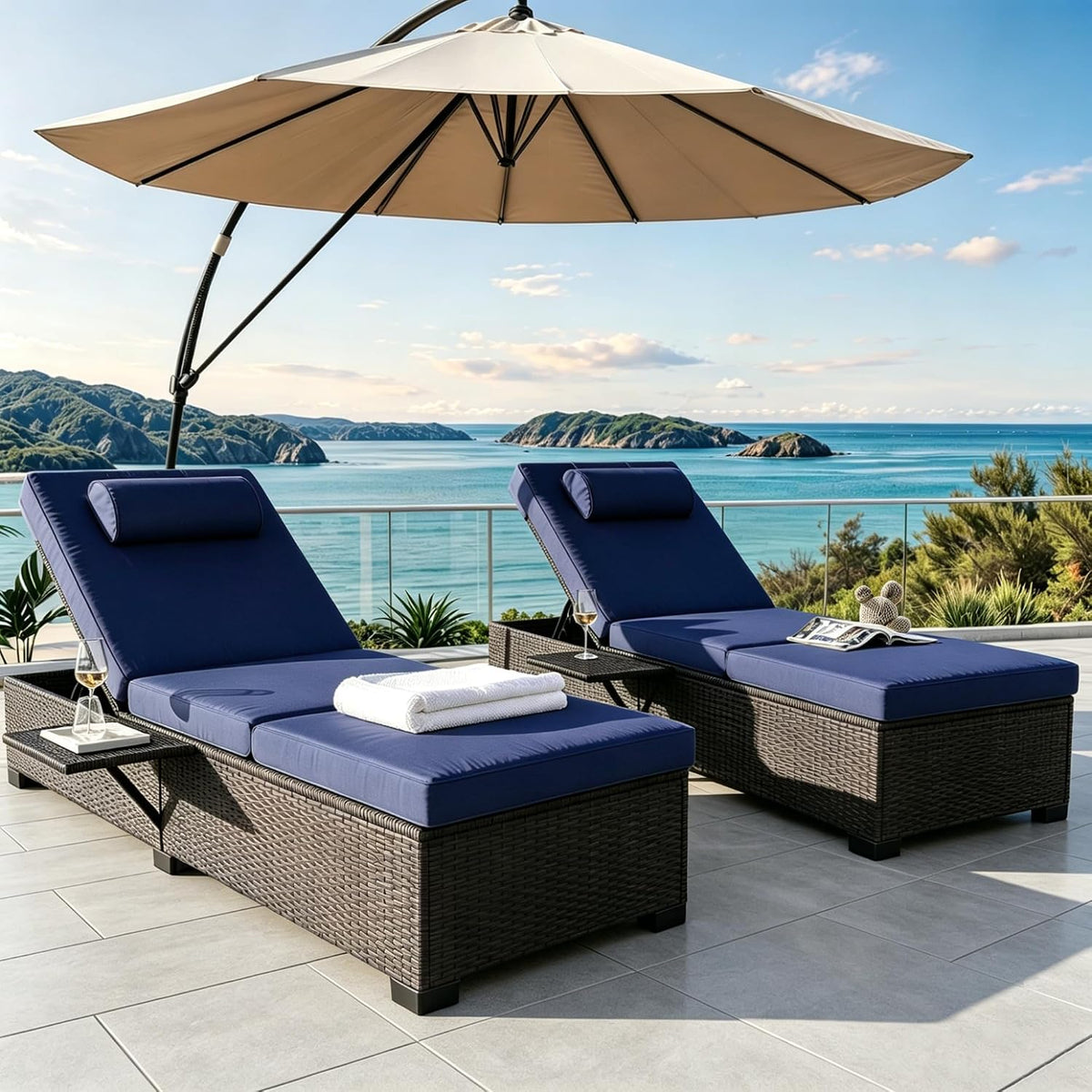 Set of 2 PE Wicker Patio Chaise Lounges