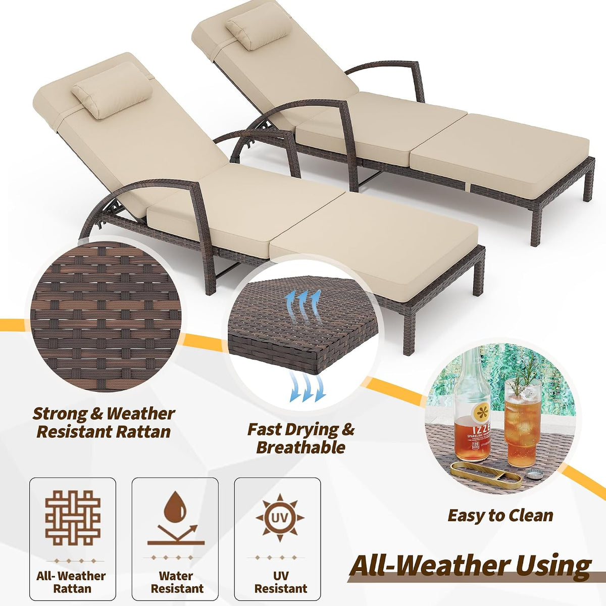 Set of 2 PE Rattan Patio Chaise Lounges with Cushions