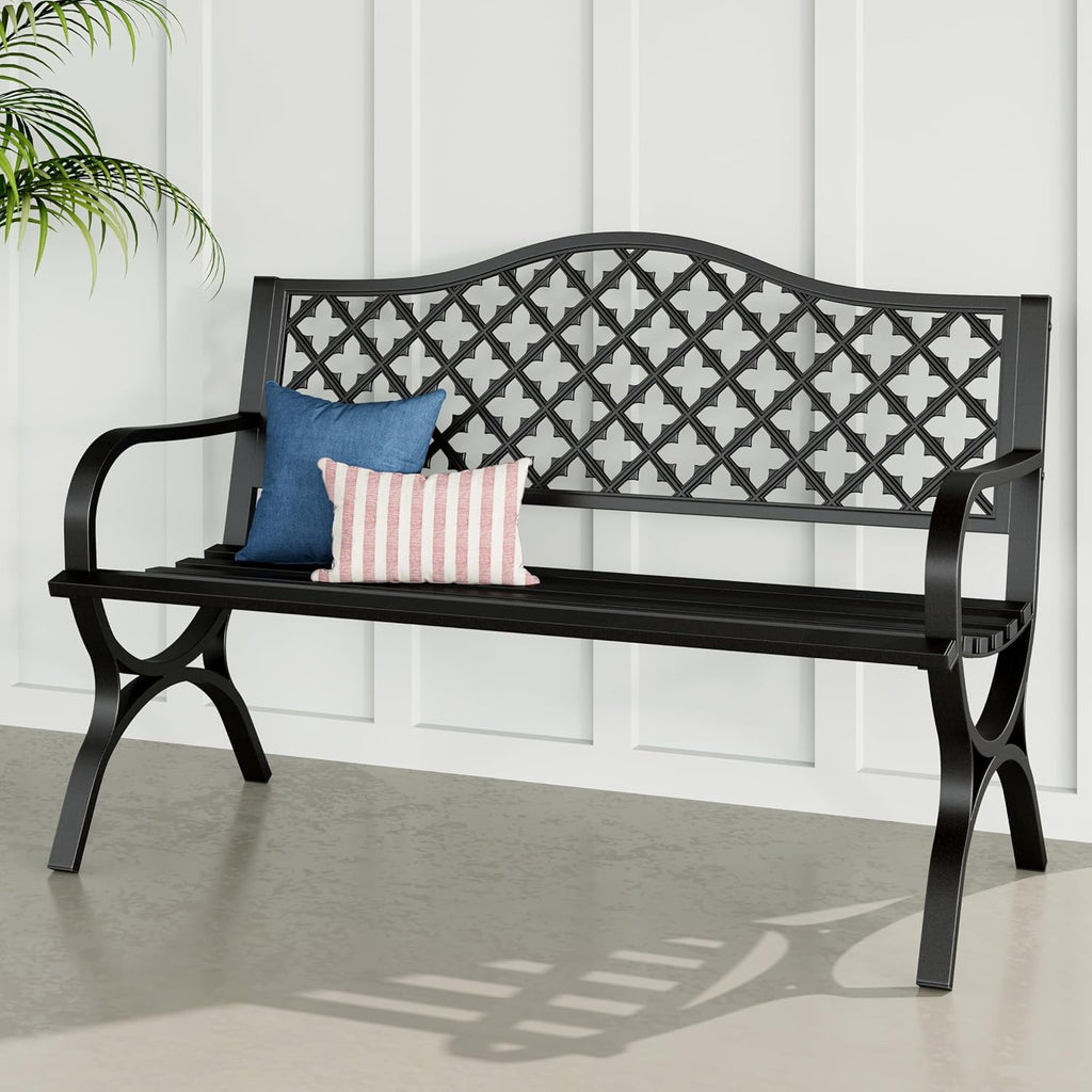 50" Clover Black Cast‑Iron Outdoor Garden Bench