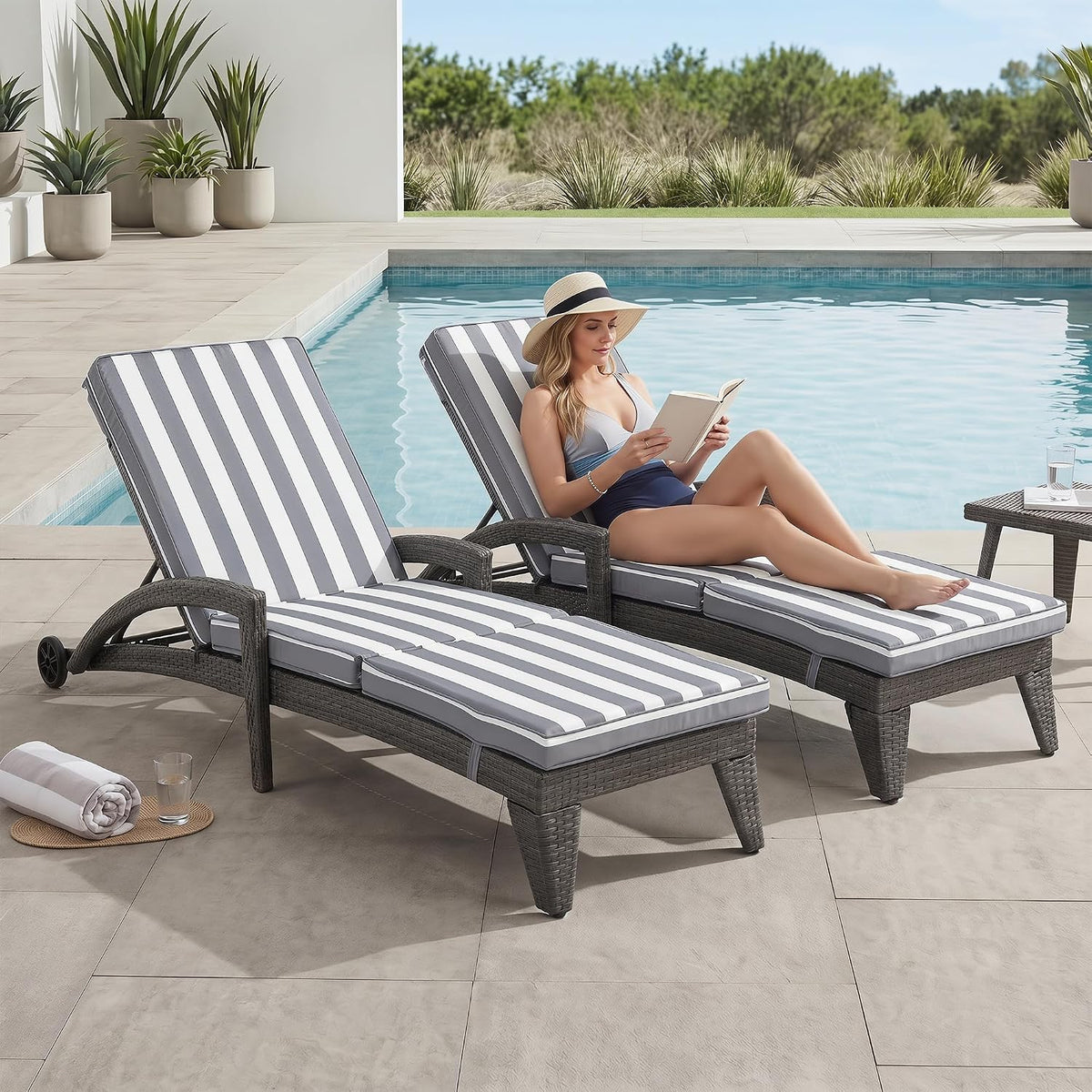 Set of 2 Stripe Rattan Patio Chaise Lounges