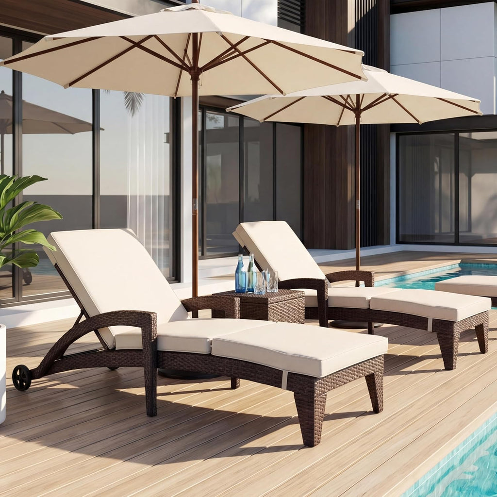 Set of 2 Khaki Wicker Patio Chaise Lounges