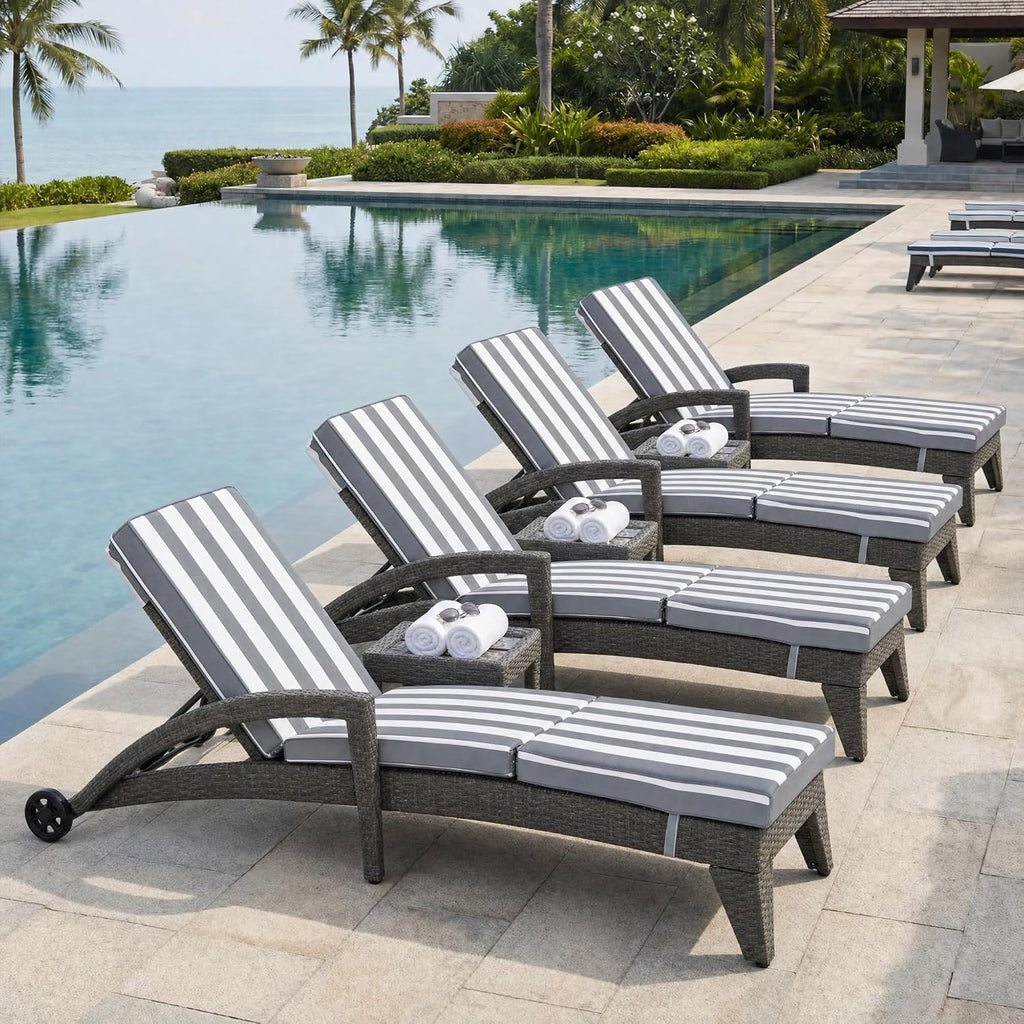 Set of 4 Stripe Rattan Patio Chaise Lounges