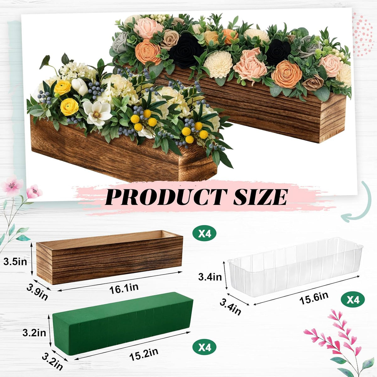 Set of 4 16×4" Rustic Wood Planter Boxes with Liner