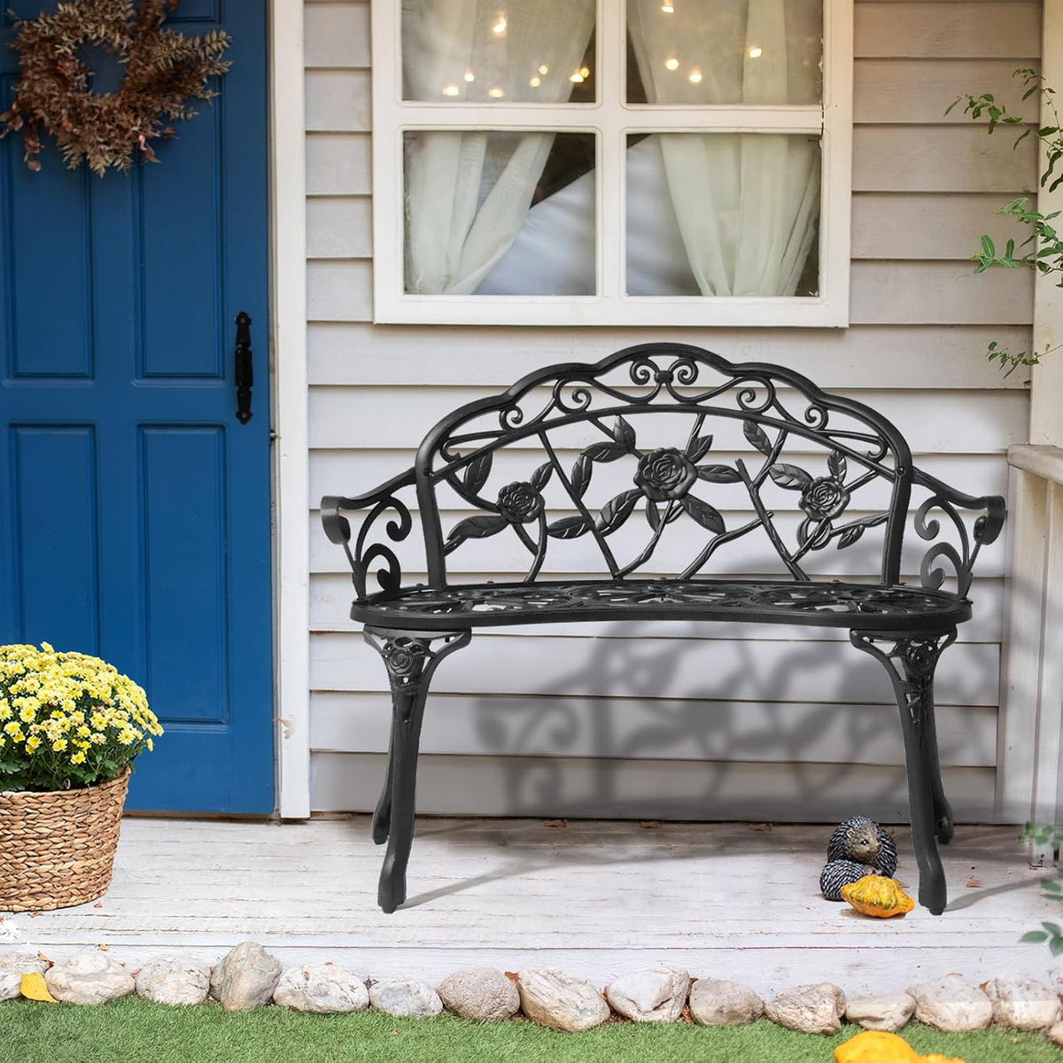 38.5" Black Rose Metal Outdoor Garden Bench