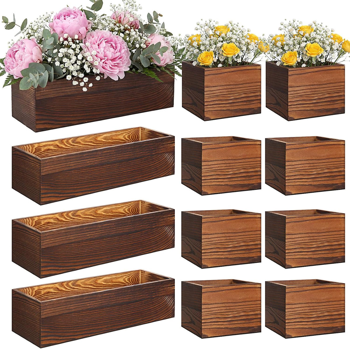 Set of 12 Brown Rustic Wooden Planter Boxes