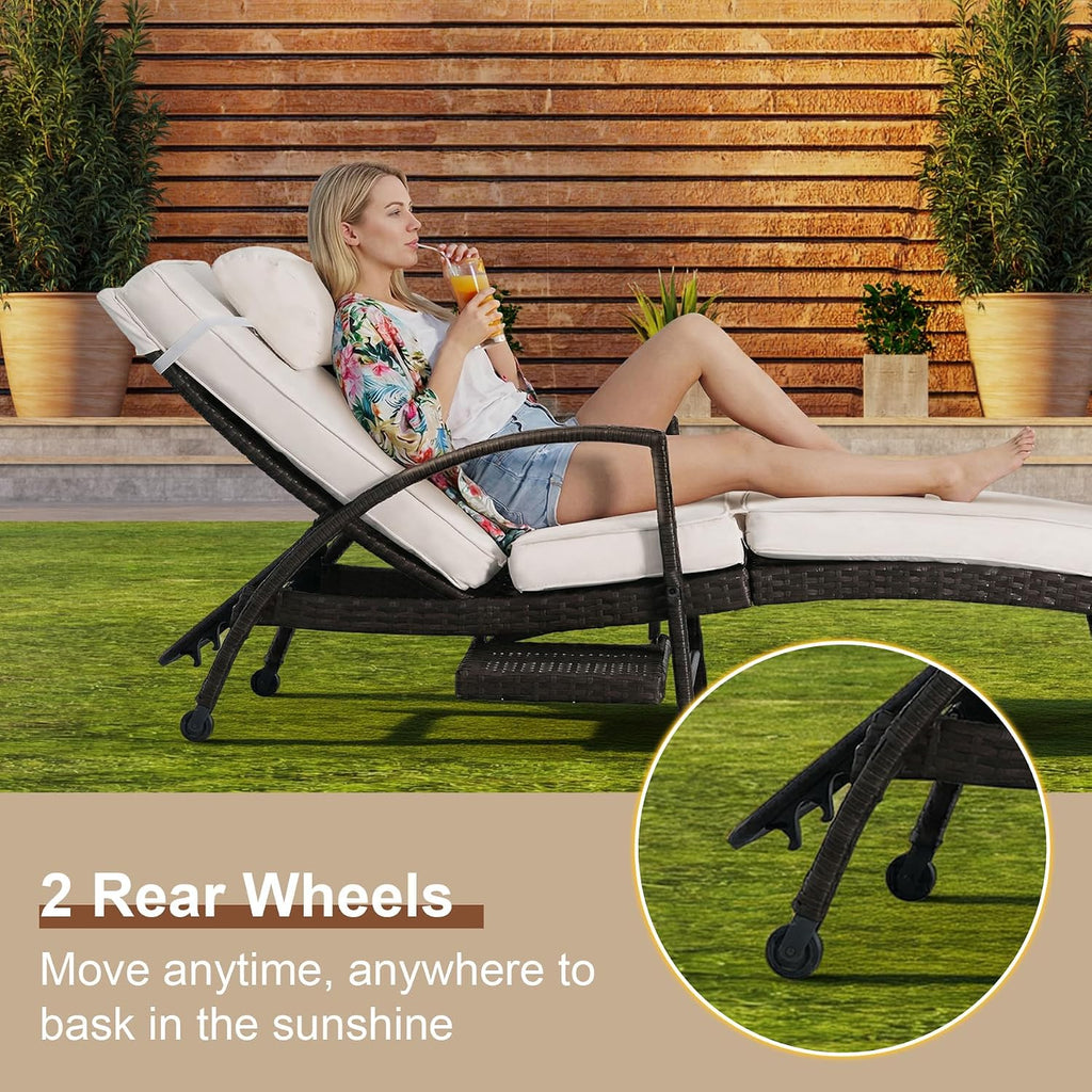 Set of 2 White Patio Chaise Lounges with Side Table