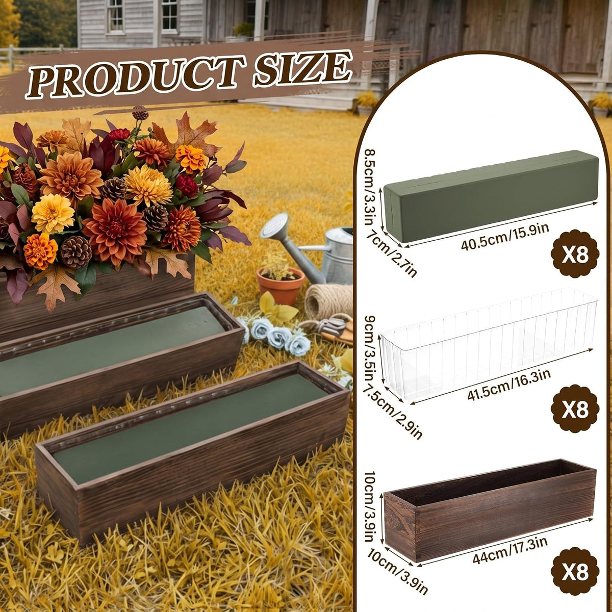 Set of 8 17×4" Brown Rustic Wood Planter Boxes