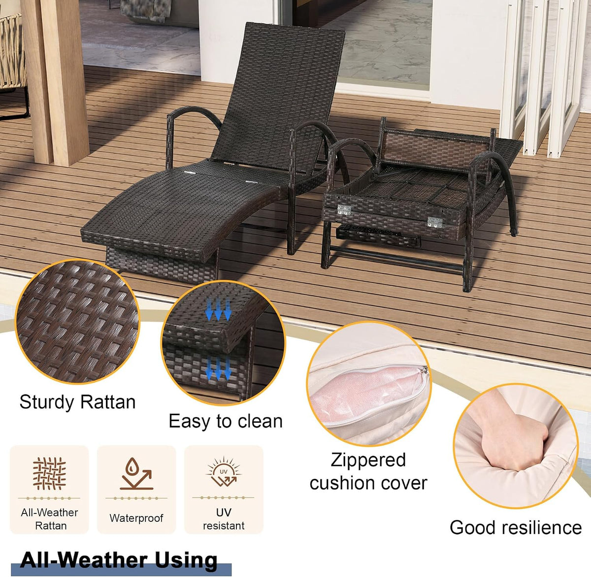 Set of 2 Blue Patio Chaise Lounges with Side Table