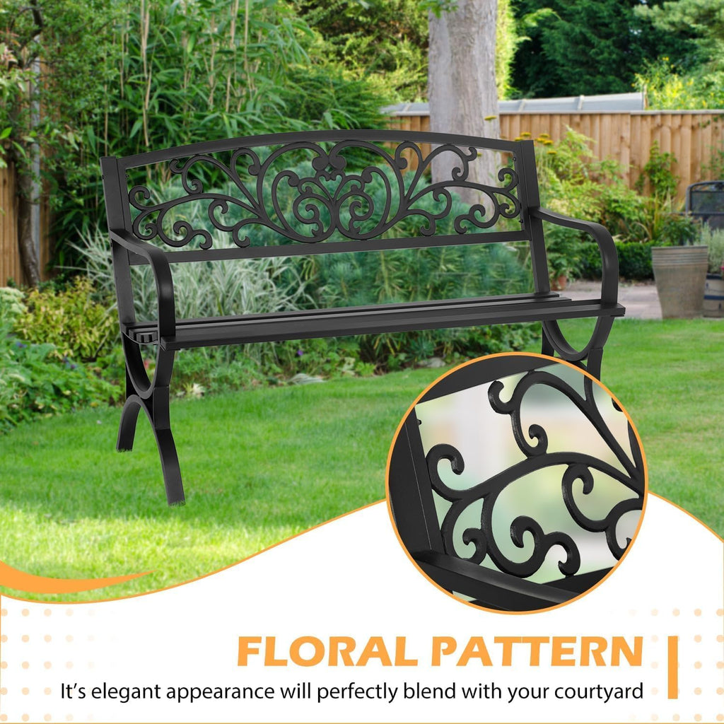 50" Black Floral Backrest Metal Outdoor Garden Bench