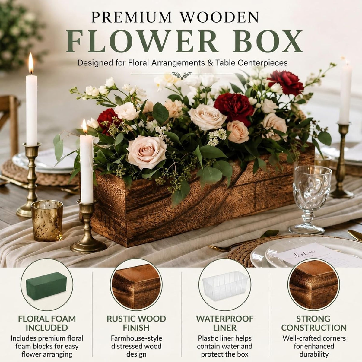 Set of 4 12×4" Rustic Wood Planter Boxes with Liner