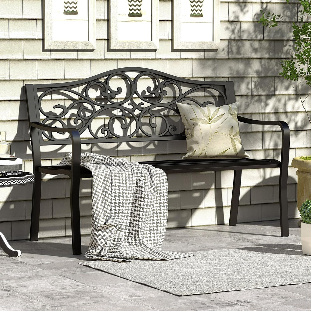 50" Black Floral Outdoor Garden Bench with Armrests