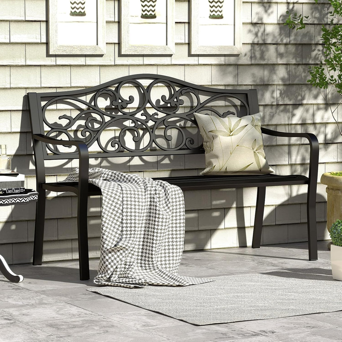 50" Black Floral Outdoor Garden Bench with Armrests