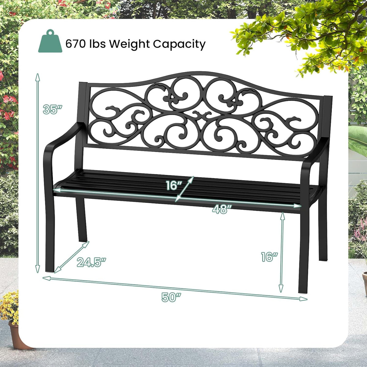 50" Black Floral Outdoor Garden Bench with Armrests