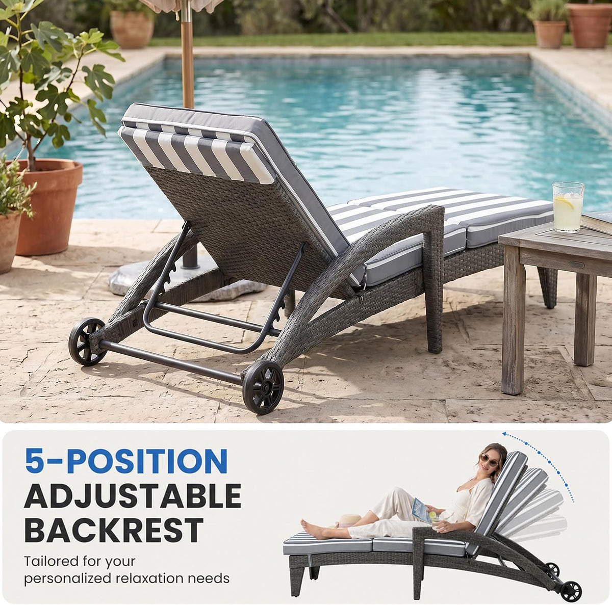 Set of 2 Stripe Rattan Patio Chaise Lounges